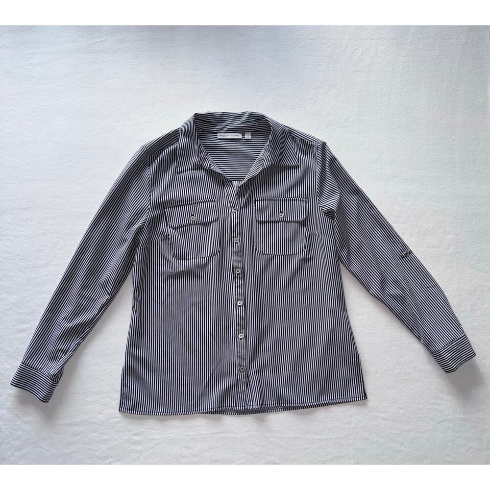 Vertical Striped Collared Adjustable Sleeve Blouse